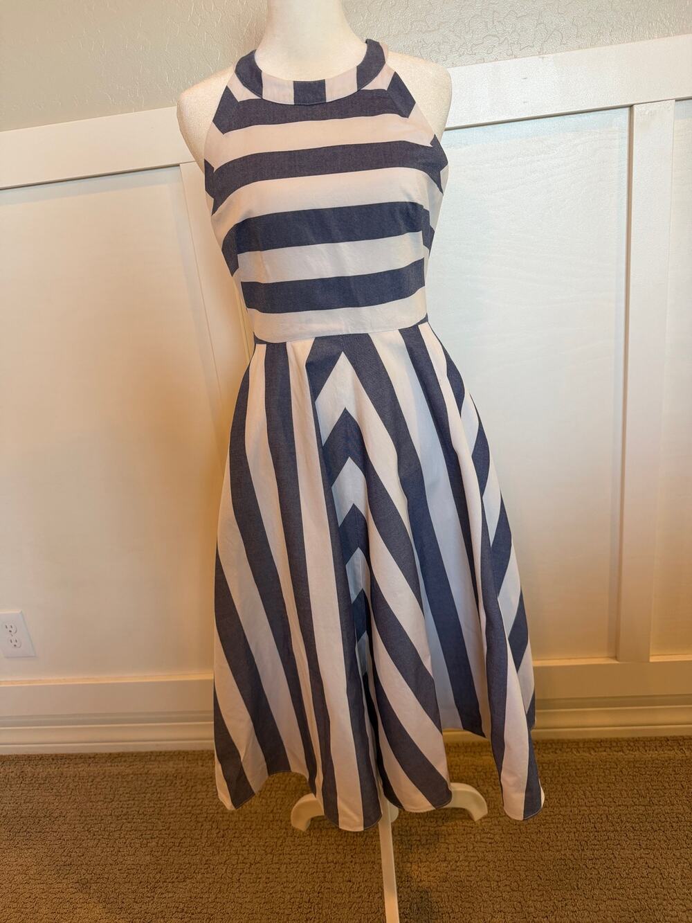 Eliza J Striped feminine Halter Fit & Flare Dress blue White Size 2 nautical